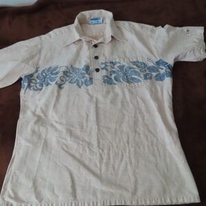 Vintage OP Ocean Pacific Sunwear Large Hawaiian Print Beige Polo Shirt Floral
